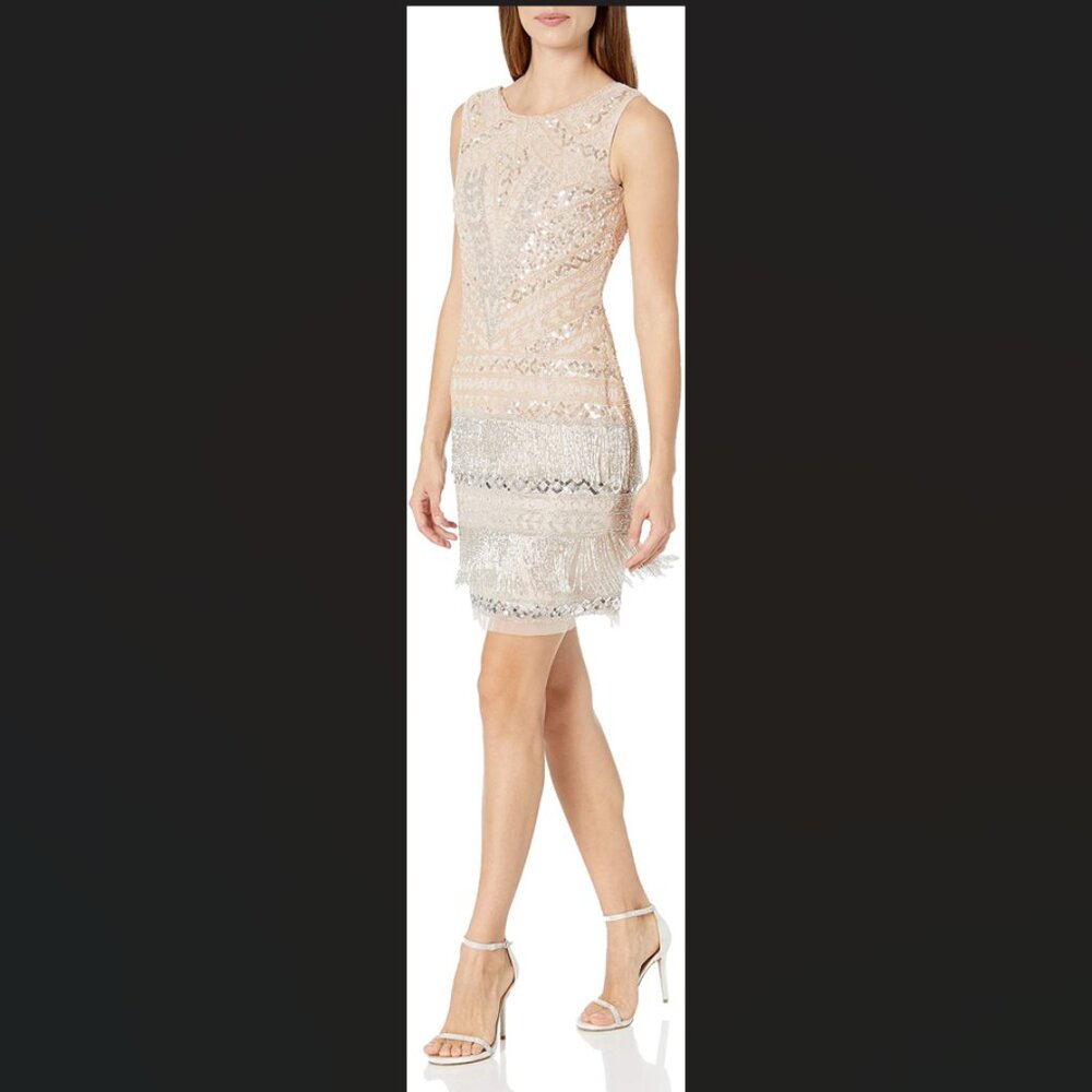Adrianna Papell Beaded Fringe Cocktail Dress, blush/beige color, sleeveless, sz8 - Picture 2 of 14